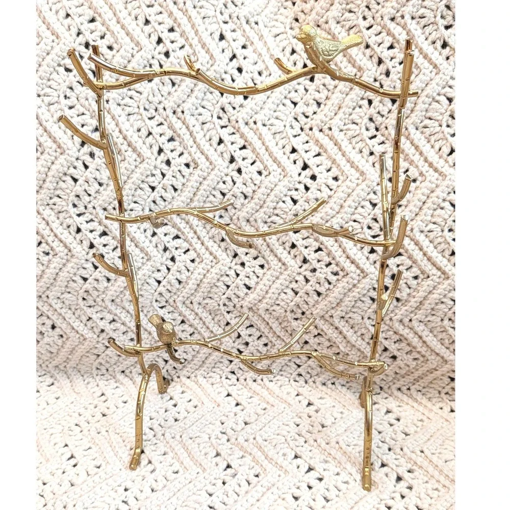 Gold Bird Branch Jewelry Stand Earring Necklace Organizer Metal Display Tree
